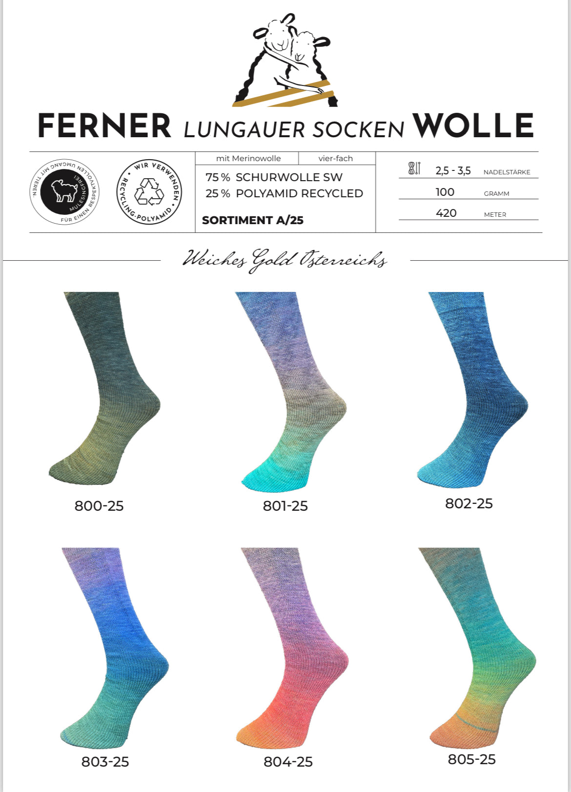 Ferner Lungauer Sockenwolle 4-fädig mit Merinowolle - Sortiment A/25